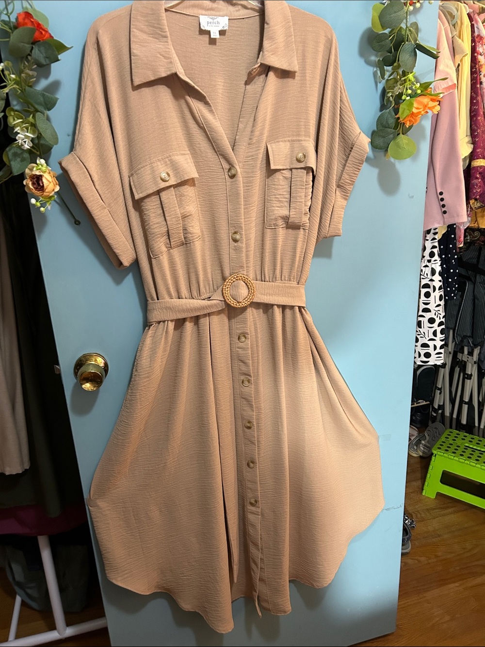 Progressive Tan Belted Shirt Midi Dress with Utility Pockets